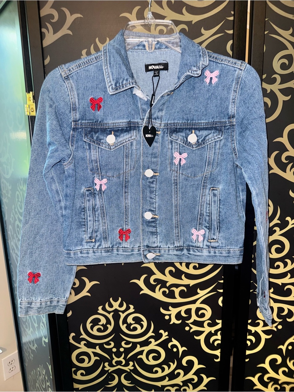 Fashion Nova Blue Denim Jacket with Pink and Red Bow Appliqués